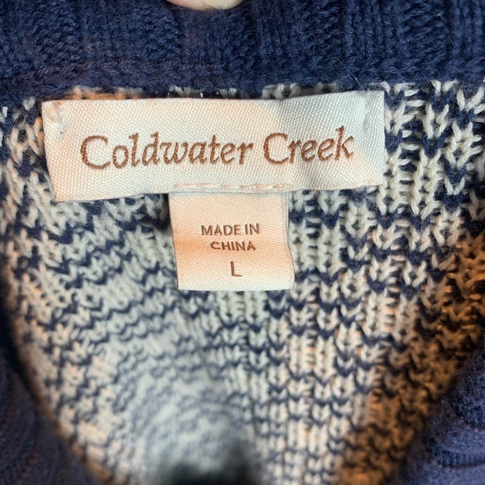 Coldwater Creek Shawl Collar Winter Theme Sweater - Blue / White - size Large - Picture 7 of 7